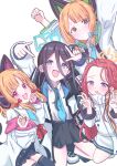  4girls absurdres animal_ear_headphones animal_ears aris_(blue_archive) arms_up bangs black_hair black_skirt black_socks black_thighhighs blonde_hair blue_archive blue_bow blue_eyes blue_necktie bow braid cat_ear_headphones cat_tail claw_pose clenched_hands commentary dot_nose double_v eyelashes fake_animal_ears forehead giorgio_(yo_sumire_sola1) green_eyes hair_between_eyes hair_bow halo hands_up headphones highres jacket kneeling legs light_blush long_hair long_sleeves looking_at_viewer medium_hair messy_hair midori_(blue_archive) momoi_(blue_archive) multiple_girls necktie open_mouth pink_eyes pleated_skirt red_bow redhead serious shirt sitting skirt smile socks sparkle tail thigh-highs thighs v v-shaped_eyebrows violet_eyes wariza wavy_mouth white_background white_footwear white_jacket white_shirt yuzu_(blue_archive) 