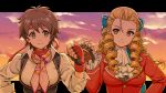  2girls antenna_hair ascot blonde_hair blue_bow bow breasts brown_eyes brown_hair clenched_hand clouds cloudy_sky collared_shirt fingerless_gloves fist_bump gloves hair_between_eyes hair_bow hand_on_hip headband headset highres jacket kanzuki_karin kasugano_sakura letterboxed long_hair long_sleeves looking_at_another medium_breasts multiple_girls outdoors pink_scarf red_gloves red_headband red_jacket ringlets scarf shirt short_hair sky smile street_fighter street_fighter_v sunset underbust upper_body white_ascot white_shirt x_chitch 