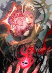  2girls absurdres aduti_momoyama bangs bat_wings black_wings bright_pupils choker closed_mouth embla_(fire_emblem) eyepatch feathered_wings fingernails fire_emblem fire_emblem_heroes grey_background grey_hair grey_lips headpiece highres lips long_hair messy_hair multiple_girls official_alternate_costume official_alternate_hairstyle open_mouth polearm red_choker red_eyes short_hair_with_long_locks trident veronica_(fire_emblem) weapon white_pupils wings 