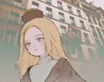  1girl balancing_on_head blonde_hair blush bowl brown_jacket building expressionless grey_eyes grey_sweater highres jacket long_hair object_on_head open_clothes open_jacket original outdoors photo_background solo sweater turtleneck turtleneck_sweater upper_body yorunogumo 