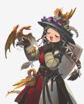  1girl absurdres animal_on_head borrowed_character brown_gloves brown_hair closed_eyes dated dragon english_commentary fantasy flower_wreath gambeson gloves grey_background highres kettle_helm long_hair music on_head original porforever pouch sheath sheathed signature singing solo sword weapon wyvern 