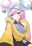 1girl absurdres bangs blue_hair hair_bow highres hoodie iono_(pokemon) long_hair magnemite multicolored_hair oversized_clothes pink_hair pokemon pokemon_(creature) purple_eyes sharp_teeth solo sweat tagme valefal_coneri yellow_shirt