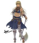  1girl absurdres alternate_costume armlet armor axe blonde_hair cm_lynarc commission commissioner_upload dark-skinned_female dark_skin feathers fire_emblem fire_emblem:_the_binding_blade highres igrene_(fire_emblem) jewelry long_hair looking_at_viewer midriff mole mole_under_eye necklace non-web_source sandals solo yellow_eyes 
