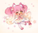  1other :3 :d ;d animal_ears artist_name bangs blonde_hair blunt_bangs blush bow bowtie bubble_skirt cat_ears cat_other cat_tail chibi dress fingerless_gloves footwear_bow full_body gloves gradient_hair hair_bow hair_ornament hands_up highres hyanna-natsu long_hair magical_star_(millie_(mahoustars)) multicolored_hair no_nose one_eye_closed original overskirt pink_bow pink_bowtie pink_footwear pink_hair pink_skirt pink_thighhighs shoes sidelocks simple_background skirt smile solo star_(symbol) star_hair_ornament star_in_eye striped striped_thighhighs symbol_in_eye tail thigh-highs twintails very_long_hair watermark wavy_hair white_dress white_gloves yellow_eyes 