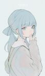 1girl blue_eyes blue_hair commentary english_commentary finger_to_own_chin grey_sweater hair_tie highres light_blue_background long_hair looking_at_viewer one_side_up original simple_background sleeves_past_wrists solo sweater upper_body yorunogumo 
