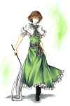  1girl alice_margatroid black_footwear blue_hairband brown_eyes brown_hair capelet closed_mouth dress full_body green_dress hairband highres holding kutsuki_kai m.u.g.e.n mouri_alice short_hair short_sleeves solo standing touhou white_background white_capelet 