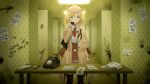  1girl backrooms_(creepypasta) blonde_hair bloody_handprints blue_eyes bob_cut brown_capelet brown_coat brown_headwear brown_skirt capelet coat collared_shirt deerstalker eraser frown hair_ornament hat high-waist_skirt highres holding holding_phone hololive hololive_english looking_at_viewer monocle_hair_ornament necktie paper pen phone plaid plaid_skirt pocket_watch rappa red_necktie rotary_phone shirt short_hair skirt solo stethoscope syringe syringe_holster table thigh_strap virtual_youtuber watch watson_amelia white_shirt yellow_theme 