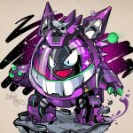  artist_name black_eyes brown_background bubble collaboration english_commentary fangs fewer_digits gastly gengar highres liquid looking_at_viewer mecha mechanization no_humans open_mouth planet pokemon reskdstroy robot satellite_dish science_fiction smile solo standing supbirdy v-shaped_eyes 