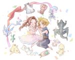  1boy 1girl aerith_gainsborough aqua_eyes baggy_pants bahamut_(final_fantasy) bangs bare_arms bare_shoulders barefoot belt blonde_hair blue_pants bluelimbo8888 blush bow braid braided_ponytail breasts brown_belt brown_hair carbuncle_(final_fantasy) chibi chocobo closed_eyes cloud_strife dragon dress fat_chocobo final_fantasy final_fantasy_vii final_fantasy_vii_remake hair_ribbon holding_hands ifrit_(final_fantasy) kneeling leviathan_(final_fantasy) long_hair looking_at_another moogle multiple_belts open_mouth pants parted_bangs pink_dress pink_ribbon ramuh red_bow ribbon sabotender shiva_(final_fantasy) short_hair sidelocks sleeveless sleeveless_dress sleeveless_turtleneck smile spiky_hair suspenders tonberry turtleneck 