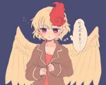  1girl bird_wings blonde_hair brown_jacket buttons collarbone feathered_wings hair_between_eyes itomugi-kun jacket long_sleeves multicolored_hair niwatari_kutaka open_clothes open_jacket parted_lips red_eyes redhead short_hair solo thought_bubble touhou translation_request two-tone_hair upper_body wings yellow_wings 