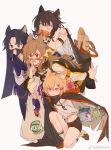  4girls animal_ears arknights bag bag_of_chips baguette bandana bandana_over_mouth beads bread cameo cape ceobe_(arknights) croissant_(arknights) dog_ears dog_girl doughnut earrings english_text exusiai_(arknights) food fox_ears fox_girl highres jewelry latutou1 linked_sausages lunacub_(arknights) mixed-language_text multiple_girls nian_(arknights) oripathy_lesion_(arknights) plastic_bag prayer_beads prosthesis prosthetic_arm quiver ramen saga_(arknights) shorts vermeil_(arknights) white_background wolf_ears wolf_girl 