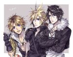  3boys bangs black_gloves black_jacket black_shirt blonde_hair blue_eyes border brown_hair chain_necklace closed_mouth cloud_strife cropped_jacket dissidia_final_fantasy earrings final_fantasy final_fantasy_vii final_fantasy_vii_advent_children final_fantasy_viii final_fantasy_x gloves grey_background hair_between_eyes hand_on_another&#039;s_shoulder jacket jewelry leaning_on_person long_sleeves male_focus multiple_boys nakagawa_waka necklace open_mouth parted_bangs shirt short_hair single_earring sleeveless sleeveless_shirt smile spiky_hair squall_leonhart sweatdrop tidus upper_body white_shirt yellow_jacket 