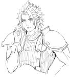  1boy armor bangs belt cellphone crisis_core_final_fantasy_vii earrings final_fantasy final_fantasy_vii flip_phone gloves hair_slicked_back highres holding holding_phone jewelry lineart male_focus muscular muscular_male oimo_(oimkimn) parted_bangs phone short_hair shoulder_armor single_earring sleeveless sleeveless_turtleneck suspenders turtleneck white_background zack_fair 