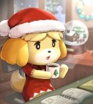  1girl animal_crossing animal_ears black_eyes blurry blurry_background blush blush_stickers book bright_pupils chair christmas christmas_lights coffee_mug commentary_request cup dog_ears dog_girl dog_tail dress drink fur-trimmed_headwear fur_trim furry furry_female gonzarez hat highres holding holding_cup indoors isabelle_(animal_crossing) mug night on_chair open_book open_mouth pom_pom_(clothes) red_dress red_headwear santa_costume santa_hat short_sleeves sitting snow snow_globe snowing snowman solo steam table tail tree white_pupils window yellow_fur 