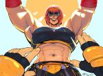  1boy 1girl abs arms_up bangs biceps black_sports_bra breasts english_commentary fingerless_gloves girl_on_top gloves green_eyes grin highres large_breasts looking_at_viewer luke_sullivan marisa_(street_fighter) muscular muscular_female navel pov rape_face redhead relusionh short_hair smile sports_bra straddling street_fighter street_fighter_6 toned you_gonna_get_raped 