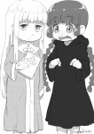  2girls anger_vein blush braid camekirin greyscale jitome juju_coo_shnamur kukuri_(mahoujin_guruguru) long_hair mahoujin_guruguru monochrome multiple_girls robe twin_braids white_background 