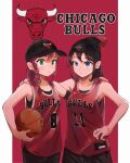  2girls arm_around_shoulder arm_warmers asymmetrical_legwear ball bangs bare_shoulders baseball_cap basketball basketball_jersey basketball_uniform beanie black_hair black_headwear black_shirt black_shorts blue_eyes blush braid breasts brown_hair carrying carrying_under_arm chicago_bulls closed_mouth collarbone commentary copyright_name cowboy_shot english_commentary english_text expressionless green_eyes hand_on_hip hands_on_hips hat highres holding holding_ball logo looking_at_viewer medium_breasts medium_hair multiple_girls national_basketball_association original ozido parted_lips pom_pom_(clothes) ponytail red_background red_shirt redhead shirt shorts side-by-side side_braid simple_background single_arm_warmer single_braid sleeveless sleeveless_shirt small_breasts sportswear standing undershirt 