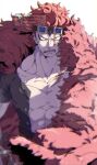  1boy abs absurdres angry artist_name black_shirt buttons cape clenched_teeth collarbone commentary_request eustass_captain_kid fur_cape glaring goggles goggles_on_head highres hoshikawa_(hoshizorafes) looking_at_viewer male_focus muscular muscular_male one_piece open_clothes open_shirt parted_lips pectorals red_cape redhead scar scar_on_chest scar_on_face shirt short_hair short_sleeves simple_background solo spiky_hair teeth twitter_username upper_body v-shaped_eyes watermark white_background 