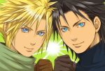 2boys bangs black_hair blonde_hair blue_eyes blue_shirt brown_gloves clenched_hand close-up cloud_strife final_fantasy final_fantasy_vii gloves green_background green_scarf hair_between_eyes looking_at_viewer male_focus multiple_boys parted_bangs popochan-f scarf shirt short_hair smile spiky_hair star-shaped_pupils star_(symbol) symbol-shaped_pupils turtleneck upper_body zack_fair 
