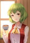  1girl absurdres ascot breasts collared_shirt cup green_hair highres holding holding_cup indoors kazami_yuuka kuneamorai large_breasts looking_at_viewer milestone_celebration open_mouth plaid plaid_vest red_eyes red_vest shirt short_hair solo teacup touhou upper_body vest white_shirt window yellow_ascot 