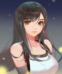  1girl bangs bare_shoulders black_gloves black_hair black_sports_bra breasts brown_eyes closed_mouth earrings elbow_gloves eyelashes final_fantasy final_fantasy_vii final_fantasy_vii_remake gloves jewelry large_breasts light_particles lips long_hair looking_at_viewer single_earring smile solo songjikyo sports_bra swept_bangs tank_top tifa_lockhart undershirt upper_body white_tank_top 