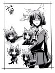  ... 1girl animal_ears bocchi_the_rock! cat_ears cat_girl cat_tail chibi collared_shirt dated hair_ornament hairclip highres kemonomimi_mode looking_at_viewer medium_hair mirumiru monochrome multiple_views partially_translated pleated_skirt shaded_face shirt sitting skirt speech_bubble spoken_ellipsis sweater tail translation_request trembling yamada_ryou 