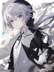  :o androgynous blue_eyes bow bug butterfly gloves hair_between_eyes hat highres long_sleeves looking_at_viewer namiki_itsuki open_mouth original pale_skin ribbon shirt short_hair solo upper_body white_background white_hair 
