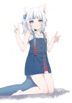  1girl absurdres animal_ears armpit_crease bangs bare_legs barefoot blue_dress blue_eyes blue_hair blue_nails blunt_bangs blush cat_ears cat_girl clenched_teeth collarbone double_v dress eyelashes feet flat_chest frilled_sleeves frills full_body gawr_gura gradient_hair grey_hair hair_ornament hands_up highres hololive hololive_english kneeling legs long_hair looking_at_viewer multicolored_hair nail_polish official_alternate_costume shadow shark_girl shark_print sharp_teeth side_ponytail sidelocks solo streaked_hair teeth thighs toes v valefal_coneri virtual_youtuber white_hair 
