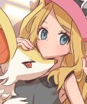  1girl 1other animal_ear_fluff animal_ears animal_nose artist_name bangs black_shirt blonde_hair blue_eyes blush body_fur braixen closed_mouth commentary_request expressionless flat_chest fox_ears furry hand_on_another&#039;s_head hands_up hat highres hug light_blush long_hair looking_at_viewer partial_commentary pokemon pokemon_(creature) pokemon_(game) pokemon_xy red_eyes red_headwear redcat13 serena_(pokemon) shirt sidelocks signature sketch sleeveless sleeveless_shirt snout two-tone_fur upper_body white_fur yellow_fur 