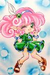  1girl boots bracelet chibi closed_mouth curly_hair eeviai21lhkavo6 fairy full_body green_eyes green_shirt green_skirt hairband highres jewelry looking_at_viewer medium_hair one_eye_closed panel_de_pon pink_hair shirt skirt smile solo windy_(panel_de_pon) 