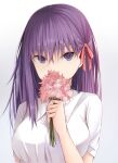  1girl commentary_request covered_mouth fate/stay_night fate_(series) flower flower_over_mouth hair_between_eyes hair_ribbon holding holding_flower kanpyou_(hghgkenfany) long_hair looking_at_viewer matou_sakura official_alternate_costume pink_flower purple_hair red_ribbon ribbon shirt solo upper_body violet_eyes white_background white_shirt 
