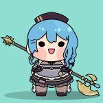  1girl aqua_background blue_hair braid chibi highres holding holding_weapon hololive hoshimachi_suisei lienliensn maid medium_hair open_mouth polearm solo virtual_youtuber weapon 
