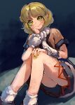  1girl absurdres arm_warmers black_footwear blonde_hair blush closed_mouth green_hair highres mizuhashi_parsee multicolored_clothes nanaironokabi open_mouth pointy_ears short_hair short_sleeves sitting skirt smile socks solo touhou 