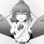  1girl ^_^ blush bow bowtie buttons closed_eyes collared_shirt dress_shirt facing_viewer feathered_wings greyscale happy hat highres marukyuu_ameya medium_hair monochrome open_mouth own_hands_together pom_pom_(clothes) puffy_short_sleeves puffy_sleeves shameimaru_aya shirt shirt_belt short_sleeves solo tassel tokin_hat touhou upper_body wings 
