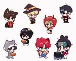  6+boys alternate_costume animal_costume animal_ears antlers aqua_eyes bangs black_hair black_headwear blonde_hair blue_overalls book brown_eyes brown_hair cat_boy cat_ears cat_tail cauldron character_request chibi closed_mouth commentary_request damyo_812 debwi_mos_hamyeon_jugneun_byeong_geollim fox_boy fox_ears fox_tail frown full_body goggles goggles_on_head grey_eyes halloween_bucket hat holding holding_book holding_knife holding_lantern holding_staff hood hood_up jack-o&#039;-lantern kemonomimi_mode kitsune knife korean_commentary labcoat lantern licking_lips long_sleeves looking_at_viewer male_focus mole mole_under_eye multiple_boys open_mouth outline overalls redhead scar scar_on_face scar_on_forehead shirt short_hair simple_background smile staff standing stirring striped striped_shirt tail tongue tongue_out vampire_costume white_background witch_hat wolf_costume yellow_eyes 