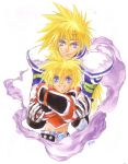  blonde_hair blue_eyes cape father_and_son hug inomata_mutsumi kyle_dunamis official_art spiky_hair stahn_aileron tales_of_(series) tales_of_destiny tales_of_destiny_2 