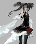  black_hair detached_sleeves feathers gothic highres lace original redjuice skirt thighhighs twintails zettai_ryouiki 