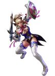  absurdres blonde_hair boots breasts cassandra_alexandra cleavage cleavage_cutout elbow_gloves fighting_stance gloves green_eyes highres kawano_takuji leotard namco official_art pauldrons ponytail shield solo soul_calibur soulcalibur soulcalibur_iv sword thigh-highs thigh_boots thighhighs weapon 