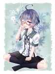  1girl ahoge black_legwear blue_eyes blue_hair ensemble_girls! glasses highres kannazuki_hotori school_uniform short_hair sitting skirt sleepy socks uranaishi_(miraura) wink 