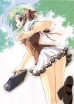  bag black_legwear blue_eyes blue_panties blush green_hair hair_ribbon highres kneehighs leg_lift looking_back miniskirt panties pantyshot ribbon school_bag seifuku shigure_asa shoes shuffle shuffle! skirt socks striped striped_panties underwear vest walking 