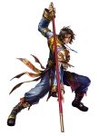  1boy absurdres brown_hair highres jewelry kawano_takuji kilik long_sleeves male namco necklace official_art pose scar simple_background solo soul_calibur soulcalibur soulcalibur_iv staff weapon 