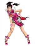  1girl 3d absurdres black_hair brown_eyes china_dress chinese_clothes feather_trim female floating_hair full_body hand_on_hip hand_on_own_leg highres leaning_forward ling_xiaoyu no_socks parted_lips shorts simple_background solo tekken twintails white_background 