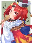  1girl apron bangs benienma_(fate) bird_hat blush commentary_request fate/grand_order fate_(series) hat highres holding holding_spoon japanese_clothes long_hair long_sleeves looking_at_viewer low_ponytail manami_(fearfac666) parted_bangs red_eyes redhead shamoji solo spoon two-tone_background white_apron wide_sleeves 