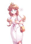  1girl blue_eyes blush bracelet brown_hair bubble_tea crown dress holding ioh jewelry long_sleeves looking_at_viewer milkshake open_mouth princess_daisy shirt simple_background solo super_mario_bros. white_dress white_shirt 