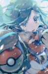  1boy blue_eyes blue_hair grusha_(pokemon) highres holding holding_poke_ball male_focus mittens poke_ball poke_ball_(basic) pokemon pokemon_(game) pokemon_sv pom_(soupy) scarf snow twitter_username wind 