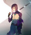  1boy belt black_gloves closed_mouth eyewear_removed eyokiki glasses gloves gundam gundam_00 holding holding_eyewear jacket long_hair long_sleeves looking_at_viewer male_focus purple_hair purple_jacket simple_background tieria_erde 