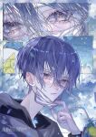  1boy bishounen blue_eyes blue_hair blush closed_mouth highres looking_at_viewer male_focus mask mask_pull mouth_mask multiple_views original sasame_20 short_hair solo surgical_mask 