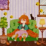  1girl ahoge akamiya_fumiya animal animal_ears bangs bird bird_ears bird_legs black_cat blush_stickers capelet cat closed_eyes commentary_request couch feathered_wings fish green_capelet hair_between_eyes harpy highres indoors lamp medium_hair messy_hair monster_girl on_couch orange_feathers orange_hair orange_wings original pants pink_pants plant potted_plant sleeping smile solo table talons textless_version window winged_arms wings 