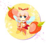  1girl blue_eyes dress drink drinking_straw fairy fairy_wings food fruit kirby_(series) kirby_64 looking_at_viewer pink_hair red_dress red_ribbon ribbon ribbon_(kirby) shirushiki strawberry wings 