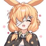  1girl :d ^_^ animal_ears arknights bandage_over_one_eye bangs black_cape blonde_hair blush braid cape closed_eyes facing_viewer hair_ornament highres kroos_(arknights) kroos_(the_mag)_(arknights) low_twintails open_mouth qiyitu rabbit_ears simple_background skull_hair_ornament smile solo sparkle twintails white_background 